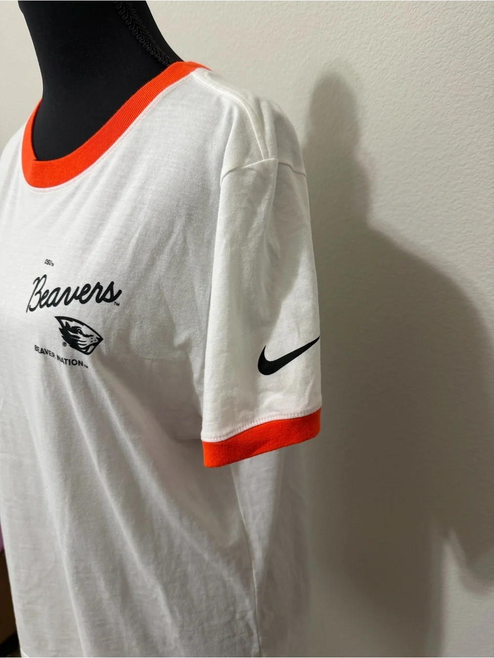 Beavers OSU Ringer T-Shirt in White with Orange Trim